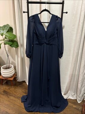 Navy V-Neck Long Sleeve Maxi Dress — Timeless Evening Gown